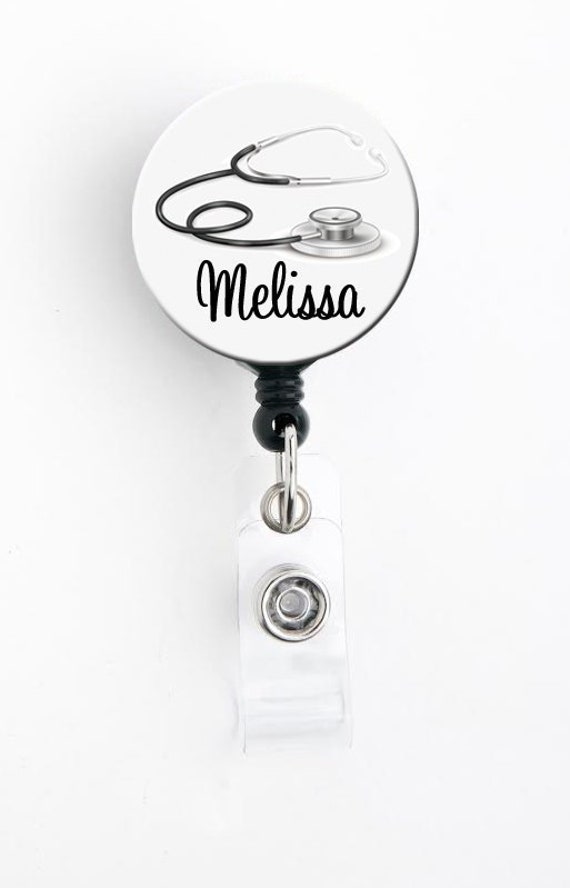Retractable ID Badge Holder Personalized Name Sideways Steth