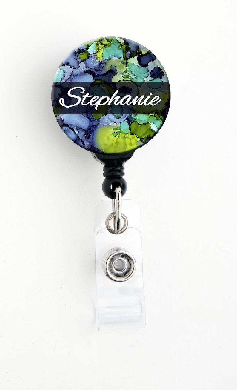 Retractable ID Badge Holder Personalized Name Blue Green Etsy