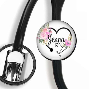 Stethoscope ID Tag - Heart Steth Floral Pink - Steth Tag / ID Tag / Nurse Badge/ Carabiner / Badge Reel / Nurse Gift / Doctor Gift