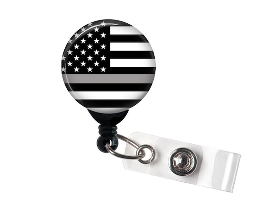 Retractable Badge Reel Thin Grey Line Flag, Corrections Officer