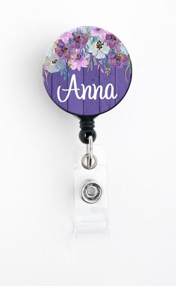 Retractable ID Badge Holder - Purple Wood Floral - Personalized Name Badge Reel, Steth Tag, Lanyard, Carabiner Nurse Badge