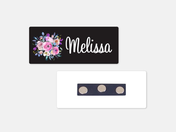 Personalized Magnetic Name Badge / Pink Floral Bouquet Black Custom Name  Tag - 1.25 x 3 Magnetic / Teacher / Physical Therapist / Dental