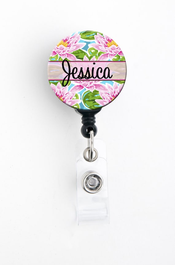 Retractable ID Badge Holder - Personalized Name - Pink Water Lillies -  Choice of Badge Reel, Carabiner, Lanyard, Steth Tag