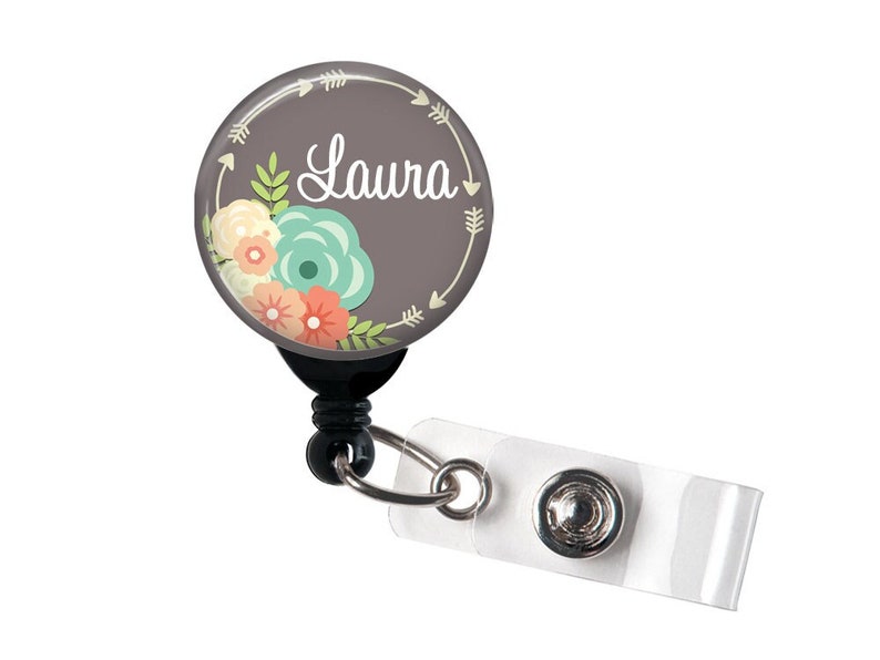 Badge Reel, Personalized Name Flowers and Arrows Choice of Colors Alligator Clip, Belt Clip, Carabiner, Lanyard, Nurse Badge image 1