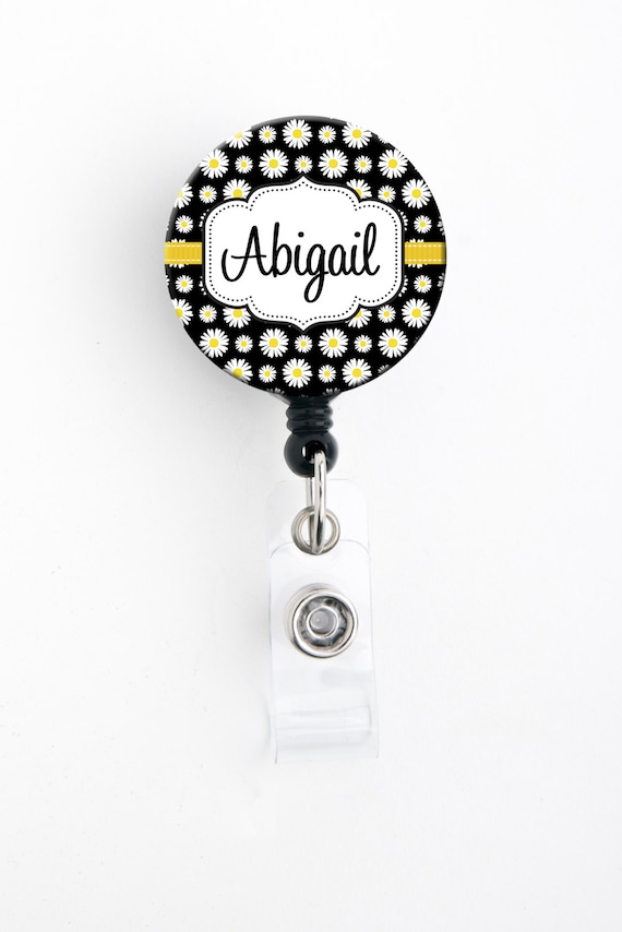 Retractable ID Badge Holder Personalized Name Daisy Black or Blue