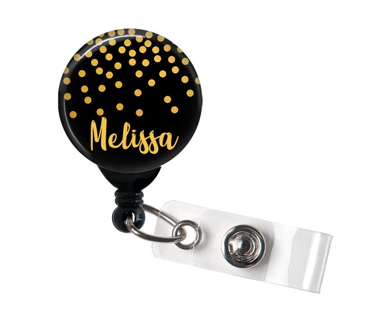 Personalized Name Badge Reel Retractable ID Badge Holder Carabiner Nurse Teacher Black Gold Glitter Polka Dot Lanyard Steth Tag