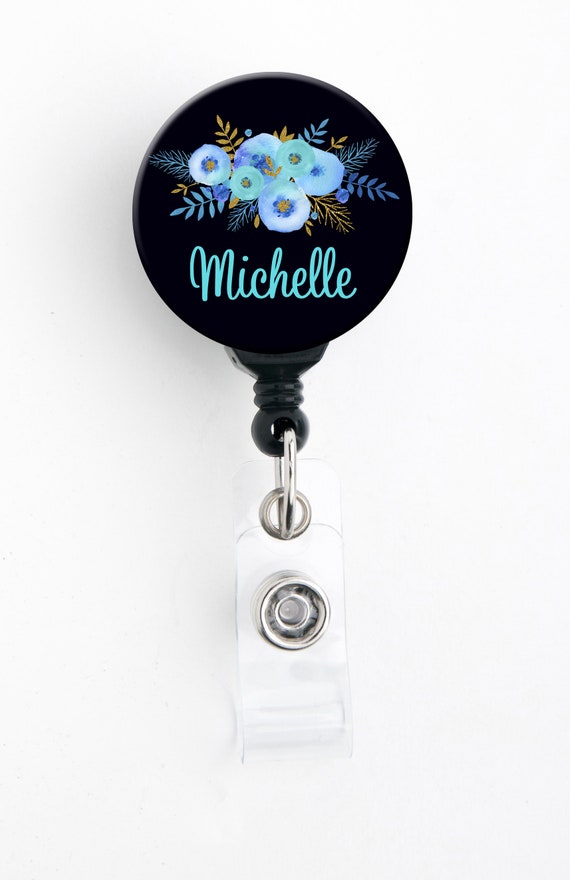 Retractable ID Badge Holder Personalized Name Blue Floral Etsy