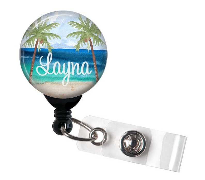 Retractable ID Badge Holder Ocean Beach Palm Watercolor Personalized Name or Monogram Badge Reel, Steth Tag, Lanyard, Carabiner image 1