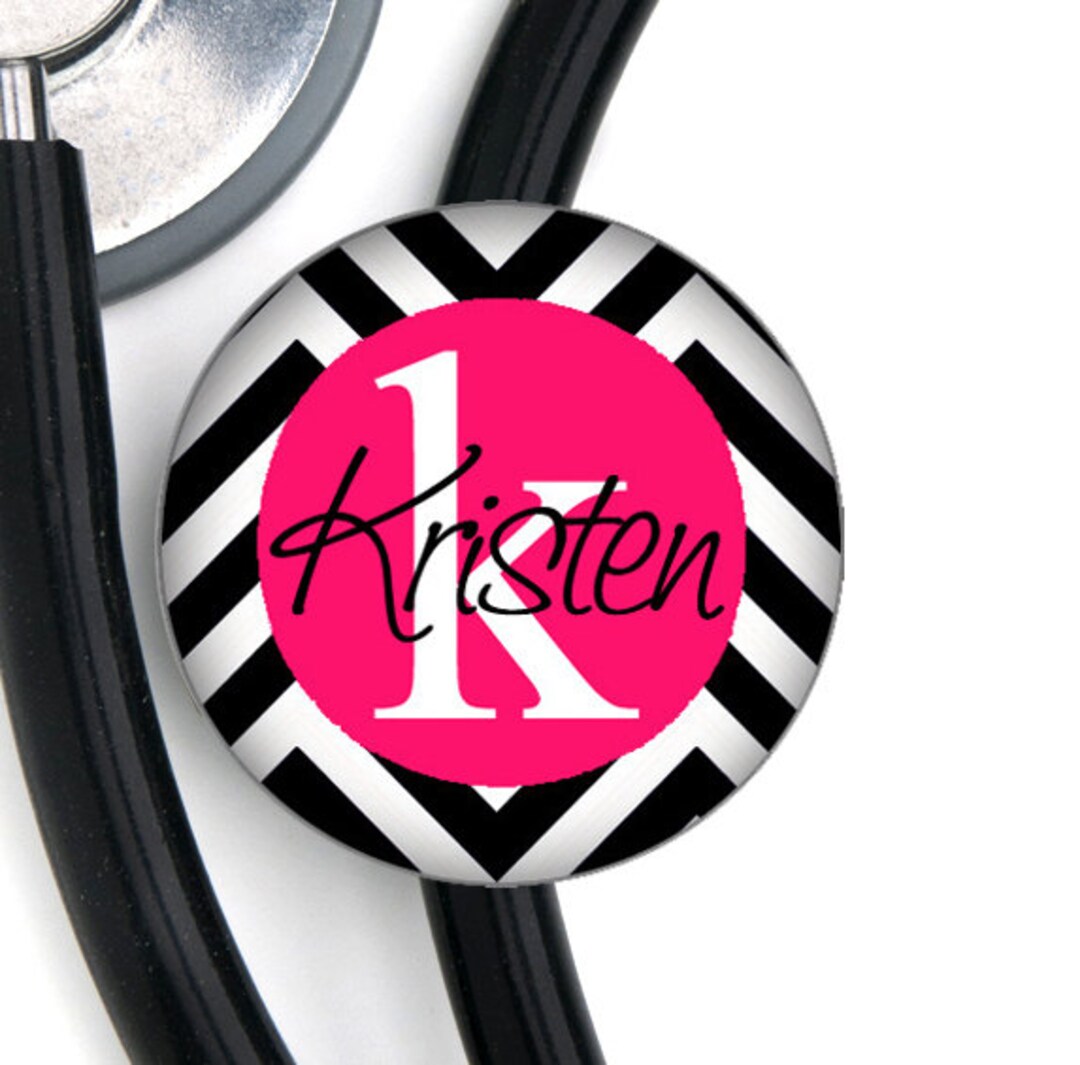 Stethoscope ID Tag Custom Name Black and Hot Pink Chevron Etsy