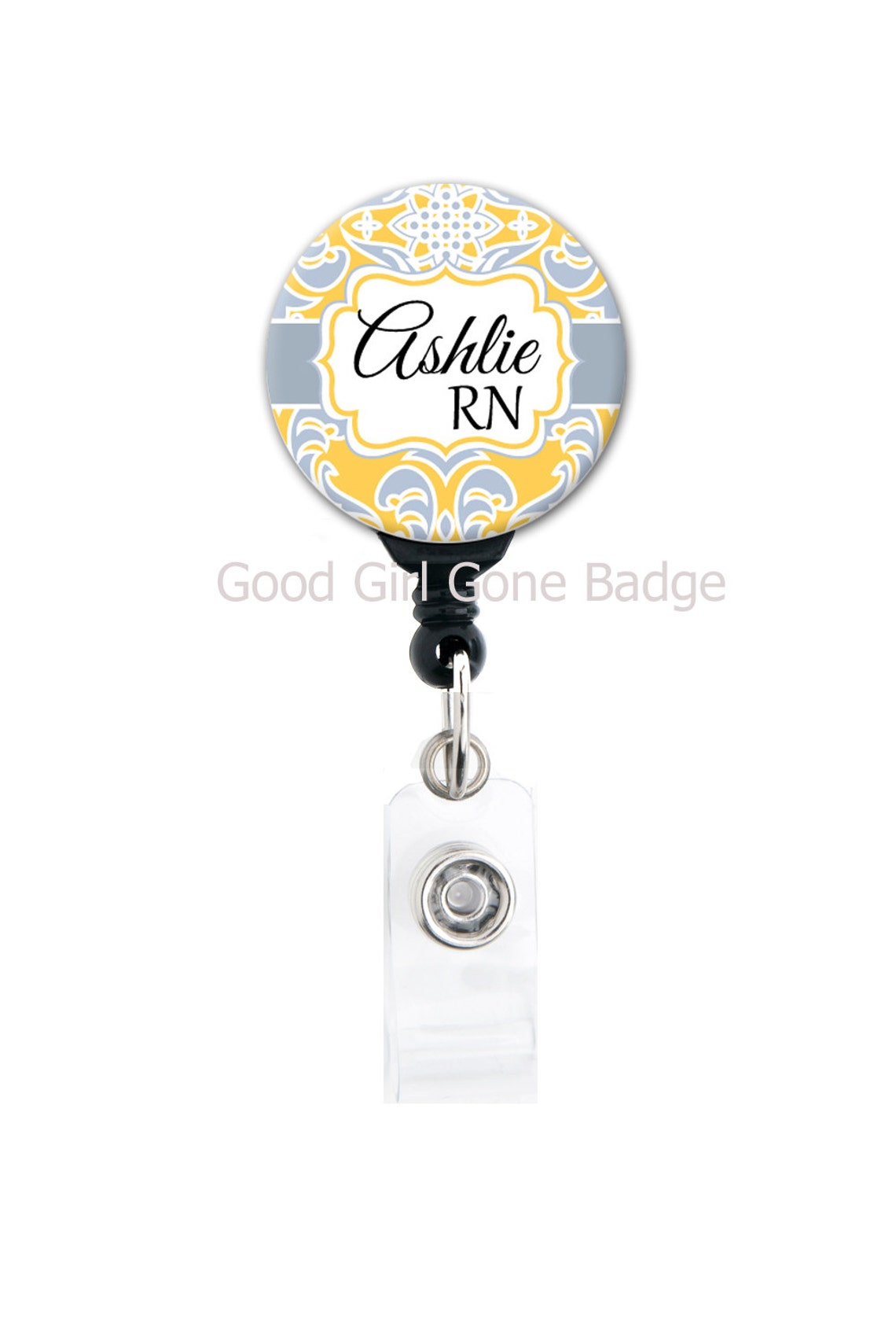 Retractable Badge Holder Yellow Grey Damask Personalized Etsy