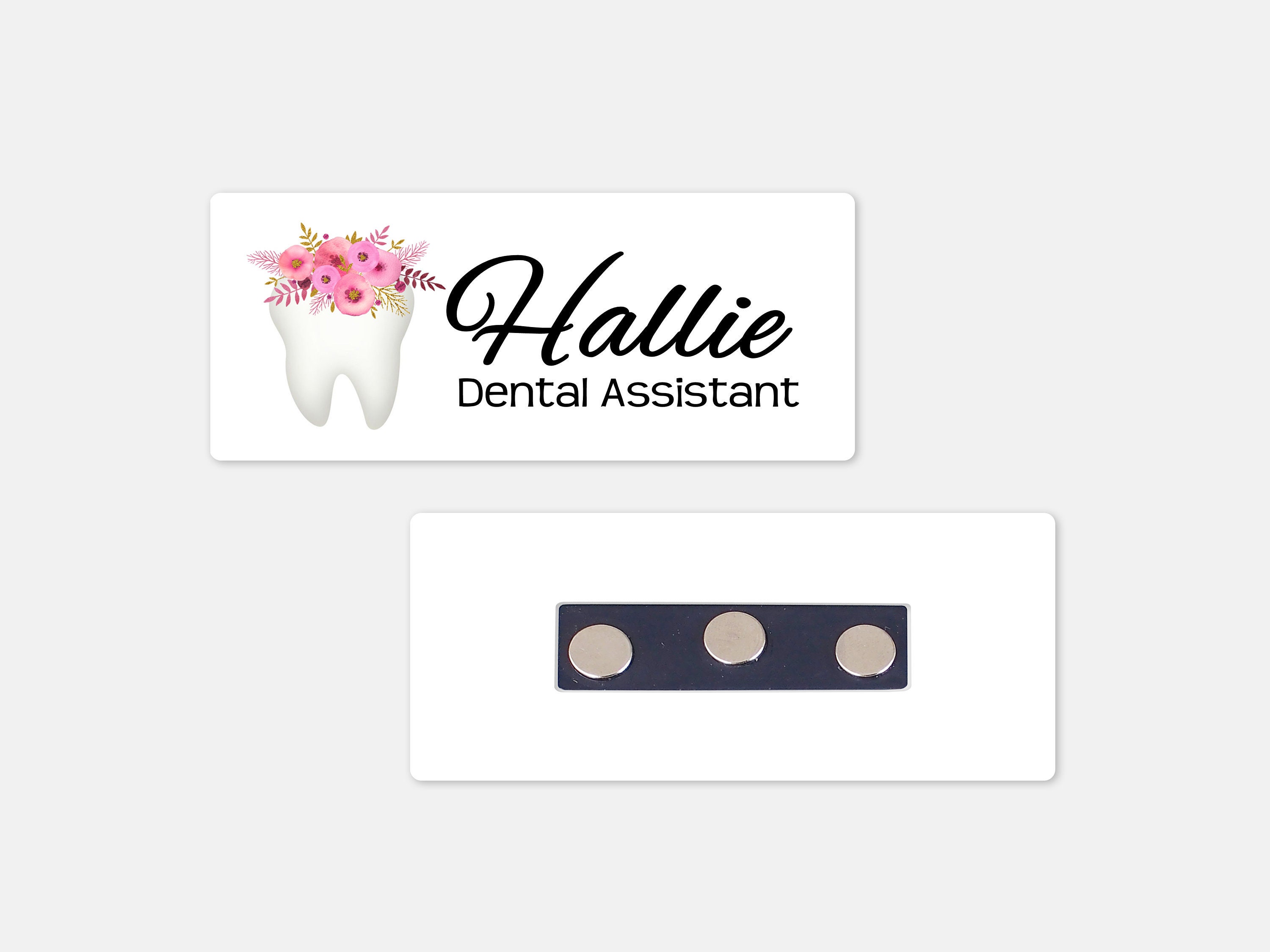 Personalized Magnetic Name Badge / Floral Tooth White / Custom Name Tag  1.25 X 3 Magnetic / Dental Office / Dentist / Hygienist -  Singapore