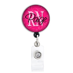 Retractable ID Badge Holder - Personalized Name and Title - Patterned Blue Pink Purple RN CNA, and other abbreviations