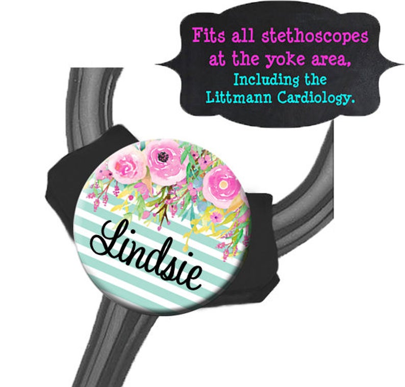 Fits all Steths at the Yoke including the Littmann Cardiology Striped Blue Floral Yoke Stethoscope Tag