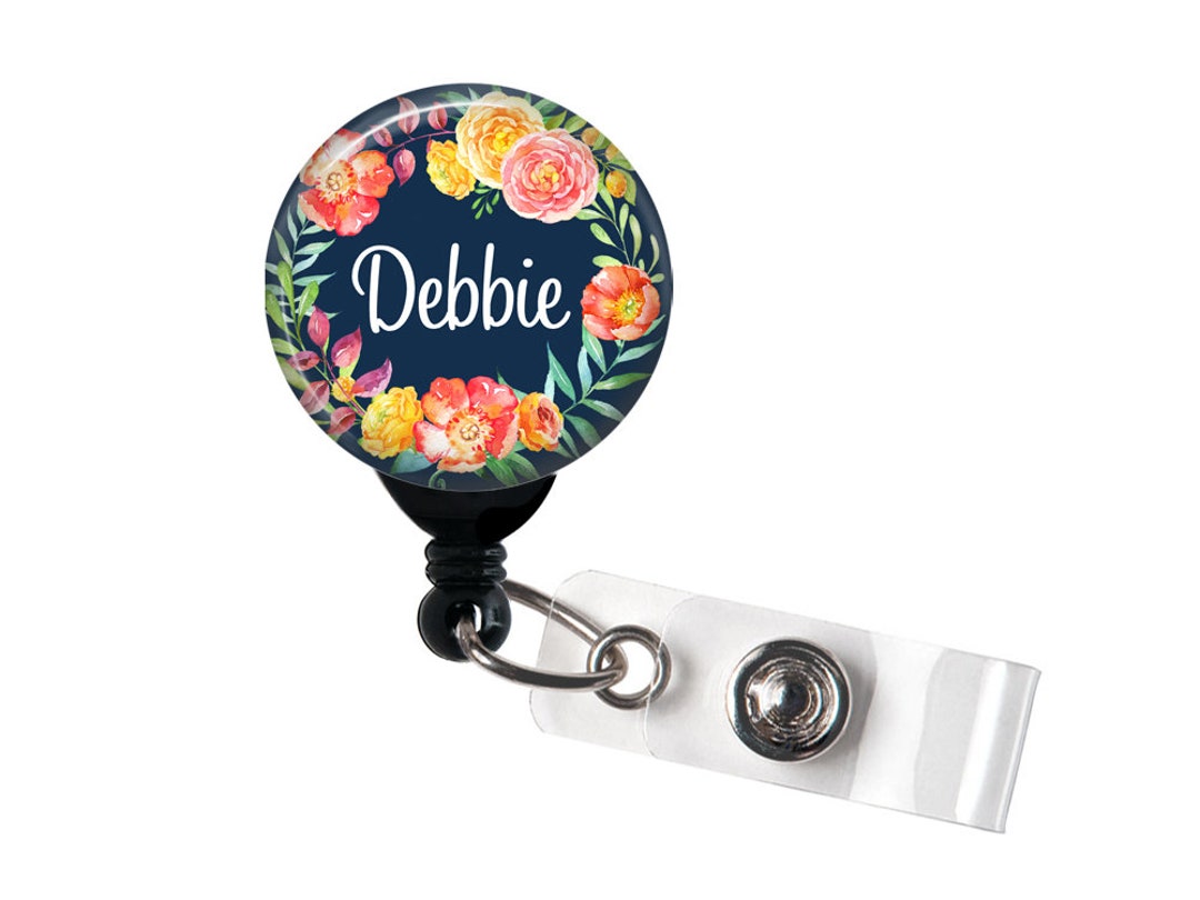 Retractable ID Badge Holder Navy Floral Wreath Personalized Name Badge Reel  / Stethoscope Tag 