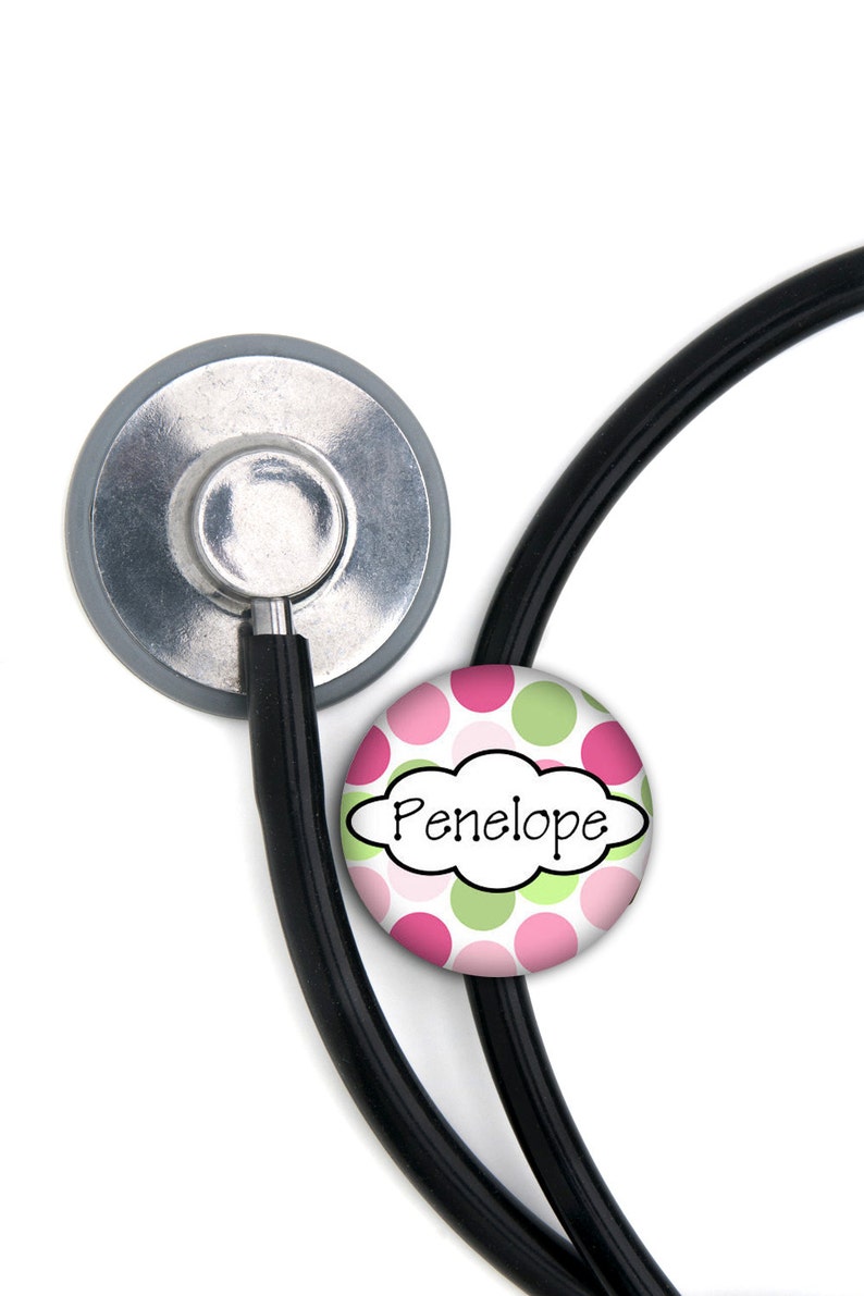 Stethoscope ID Tag Personalized Name Pink and Green Dots Etsy