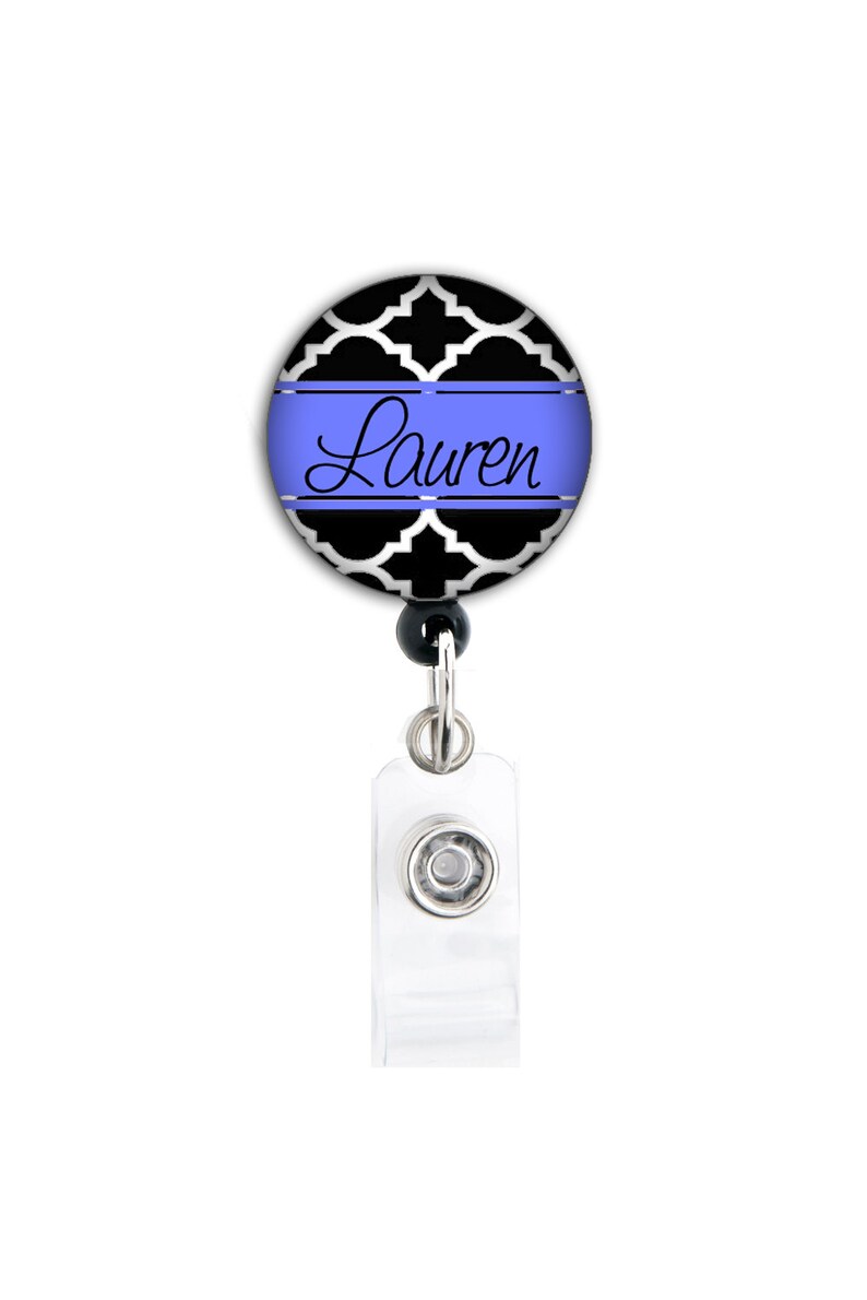 Retractable Badge Holder Personalized Black and Blue Trellis Badge Reel image 2