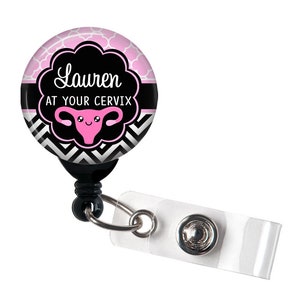 Retractable ID Badge Holder - Personalized Name - at Your Cervix L&D - Badge Reel, Steth Tag, Carabiner, Lanyard / Nurse Gift / OB Nurse