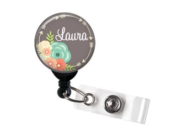 Retractable ID Badge Holder - Personalized Name - Flowers and Arrows - Choice of Colors - Badge Reel / Nurse Gift / Teacher Gift / ID Tag