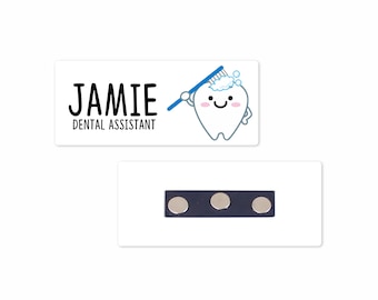 Personalized Magnetic Name Badge / Cute Tooth Brushing Custom Name Tag - 1.25" x 3" Magnetic / Dental Office / Dentist / Hygienist