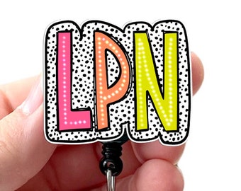 LPN Bright Doodle Acrylic Badge Reel, LPN Badge, Nurse Badge, Swivel Alligator Clip, Belt Clip, Lanyard with 34" Cord