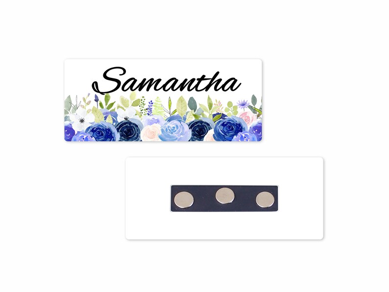 Personalized Magnetic Name Badge / Blue Rose Floral Custom Name Tag 1.25 x 3 Magnetic / Physical Therapist / OT/ SLP / Dental image 1