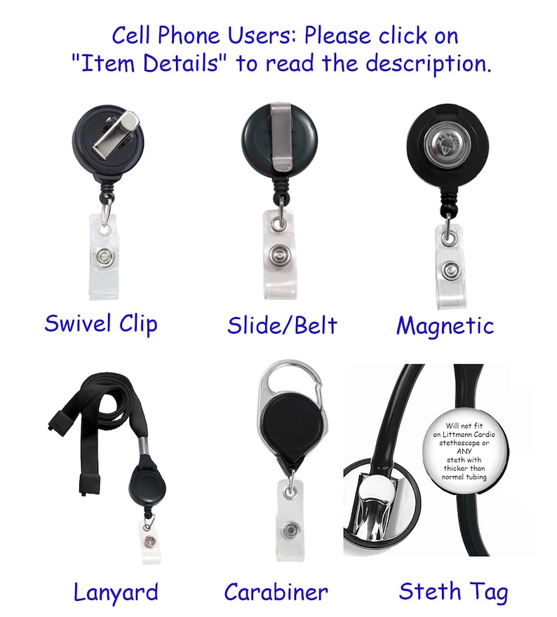 May include: Collection of badge reels and accessories. Includes swivel clip, slide/belt, magnetic, lanyard, carabiner, and stethoscope tag options. Text on image: "Cell Phone Users: Please click on 'Item Details' to read the description."