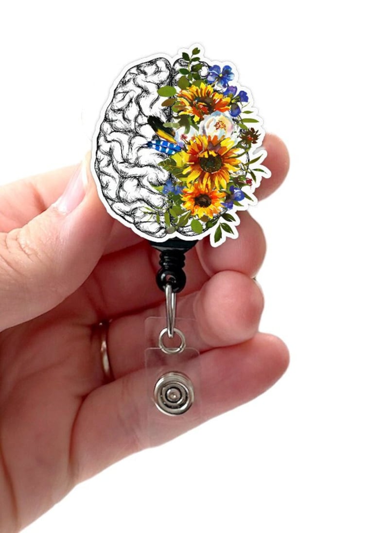 Brain Sunflower Badge Reel Acrylic, Neuro Nurse, Brain Anatomy, Nurse Badge, Neurology, Badge Holder, Swivel Clip, Belt Clip image 1