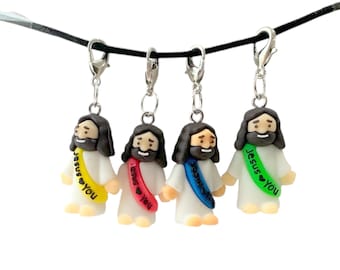 Charm Accessory, Miniature Jesus Charm Badge Reel, Zipper Pull, Cell Phone Charm “Jesus Loves You”
