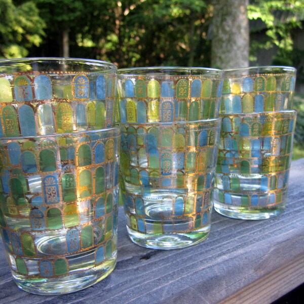 Six Vintage Drinking Glasses - Blue and Green