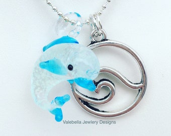 Necklace, 3D, Dolphin, glow in the dark necklace, dolphin necklace,  wave necklace, dolphin jewelry, girls, gift for her, teen, jewelry