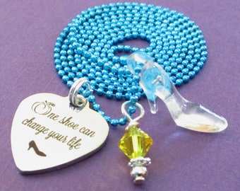 Necklace, Cinderella, 3D, Glass Slipper, One shoe can change your life, Swarovski, princess, jewelry, heart, girls charm necklace, jewelry