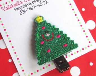 Hair clip Oh Christmas Tree green glitter evergreen tree hair clip, baby girl 1st first christmas kids tween hair accessory stocking stuffer