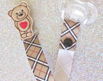 Heart, Teddy Bear, Pacifier Clip, Paci, Soother, Mam, Nook, Binky, Dummy, Holder, trendy, new baby, shower gift, argyle plaid, LOOP OR SNAP