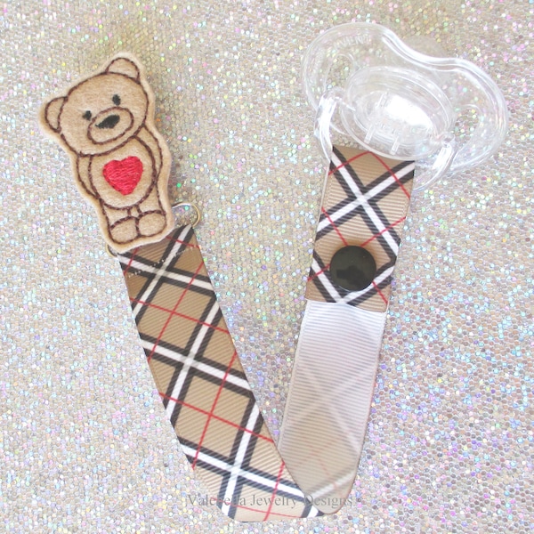 Heart, Teddy Bear, Pacifier Clip, Paci, Soother, Mam, Nook, Binky, Dummy, Holder, trendy, new baby, shower gift, argyle plaid, LOOP OR SNAP