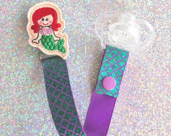 Pacifier Clip, Little Mermaid, mermaid, Paci, Soother, Mam, Dummy, Nook, Binky, Holder, toy Keeper, new baby, girl, shower gift, LOOP / SNAP