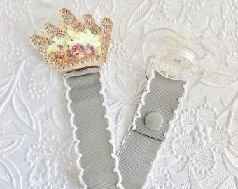 Pacifier Clip, Princess, Paci, Soother, Mam, Dummy, Nook, Binky, Holder, toy Keeper, new baby, girl, shower gift, LOOP OR SNAP, tiara, crown