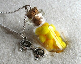 Necklace, Sunshine, in a Bottle, glass vial, sunglasses, handmade charm, pendant necklace, yellow, summer, sun, girls, kids, teen, jewelry