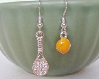 Earrings, Tennis earrings, sterling silver, tennis racket, yellow, tennis ball, tennis jewelry, sports, tennis, coach, gift, team, girls