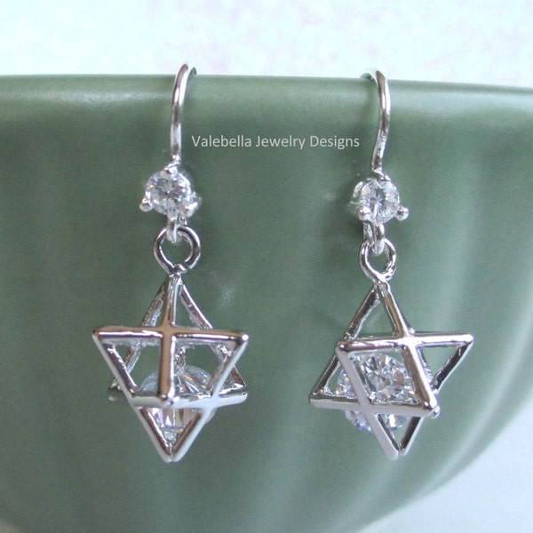 Earrings, Star of David, 3D, sterling silver, french wire, rhinestone, dangle, religious jewelry, Jewish, Judaica, Bar Mitzva, Hanukkah gift