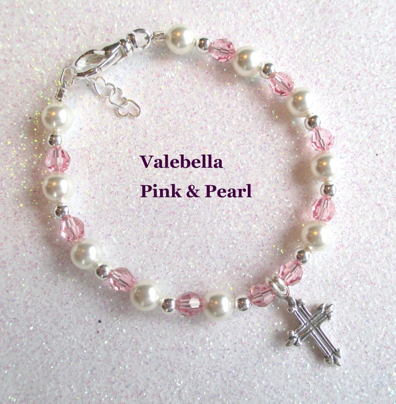 Baby Baptism Bracelet, MAGAZINE FEATURED, Custom baby bracelet, Cross bracelet, religious jewelry, Keepsake, baby gift, Christening bracelet Pink/Pearl-3rd photo