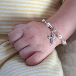 Baby Baptism Bracelet, MAGAZINE FEATURED, Custom baby bracelet, Cross bracelet, religious jewelry, Keepsake, baby gift, Christening bracelet As Shown - 1st photo