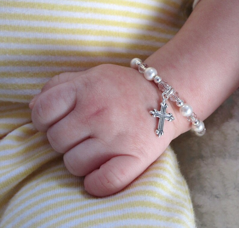 Baby Baptism Bracelet, MAGAZINE FEATURED, Custom baby bracelet, Cross bracelet, religious jewelry, Keepsake, baby gift, Christening bracelet As Shown - 1st photo