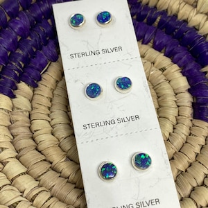 3pcs Handmade Beautiful Round Blue Opal Sterling Silver Stud Earrings