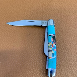 Small Handmade Turquoise Inlay Pocket Knife With 3 Blade
