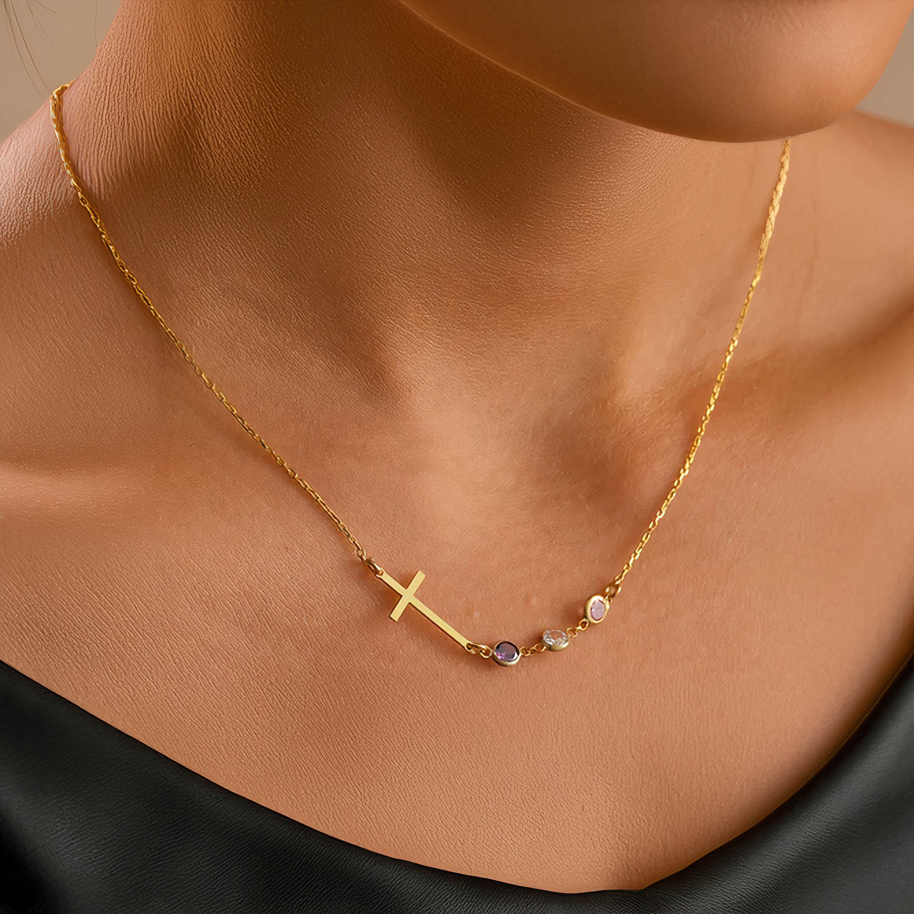 Silver Cross Necklace, Christian Birthstones Necklace, Personalized Christ Birthstone, 14K Gold Christian Pendant, Silver Christian Jewelry