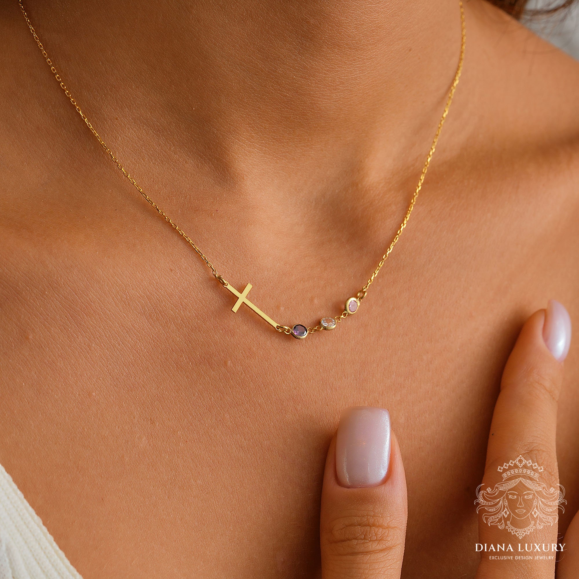 Silver Cross Necklace, Christian Birthstones Necklace, Personalized Christ Birthstone, 14K Gold Christian Pendant, Silver Christian Jewelry