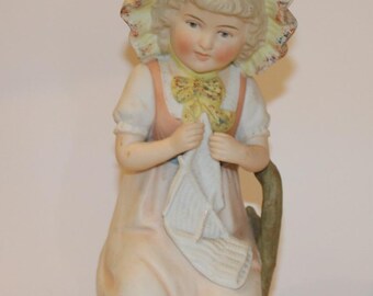 Antique German Bisque Piano Baby: Knitting Bonnet Doll