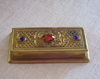 Stamp Box by A.M.W. Jeweled Gilt Bronze Antique