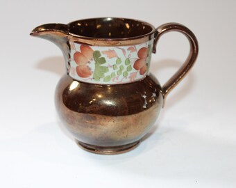 Antique English Copper Lusterware Creamer: Floral Design