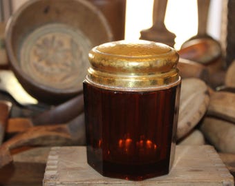 Amber Glass Tobacco Jar with Gold Tone Hammered Lid
